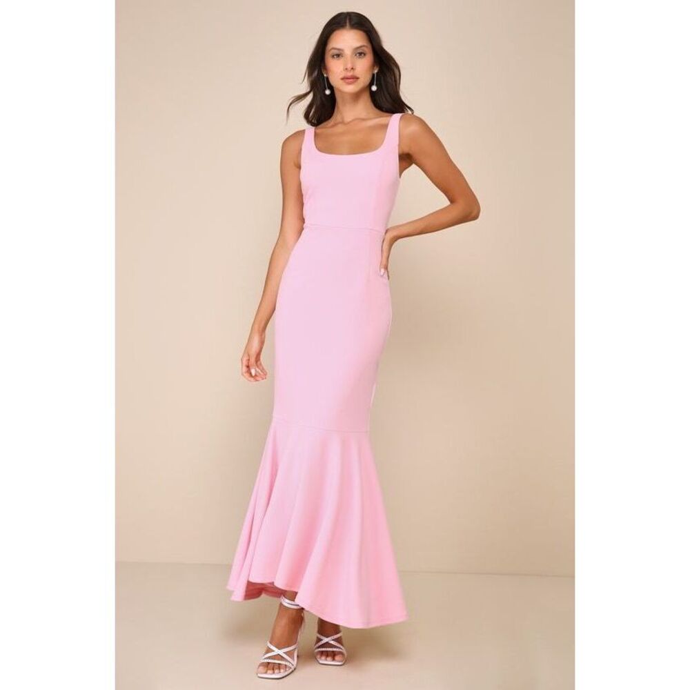 Lulus Romantic Destiny Light Pink Square Neck Trumpet Maxi Dress - Size L